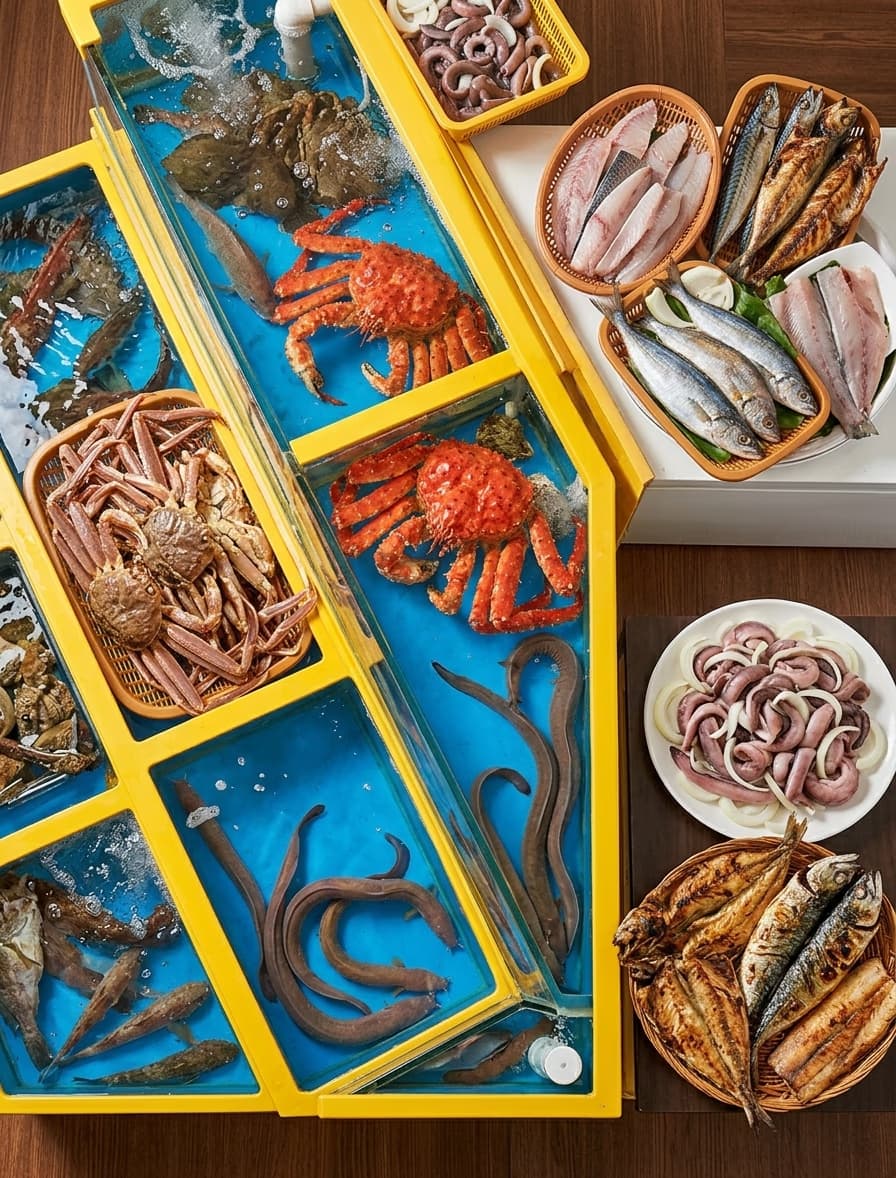 수족관·생선고 — 입고 직전 생선·꼼장어를 확인하는 현장