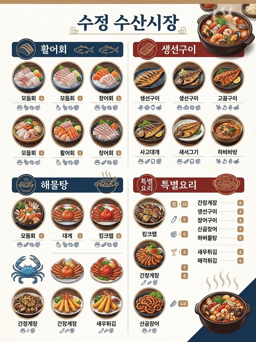 메뉴판·코스 안내 — 구이·회·매운탕 등 코스별로 확인