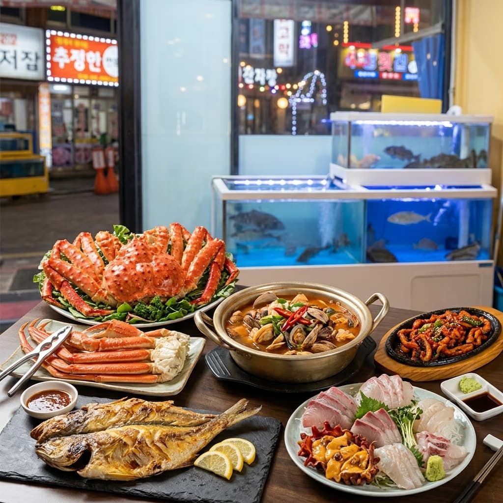 해산물 한 상 — 회·구이·탕이 함께 나오는 풀테이블