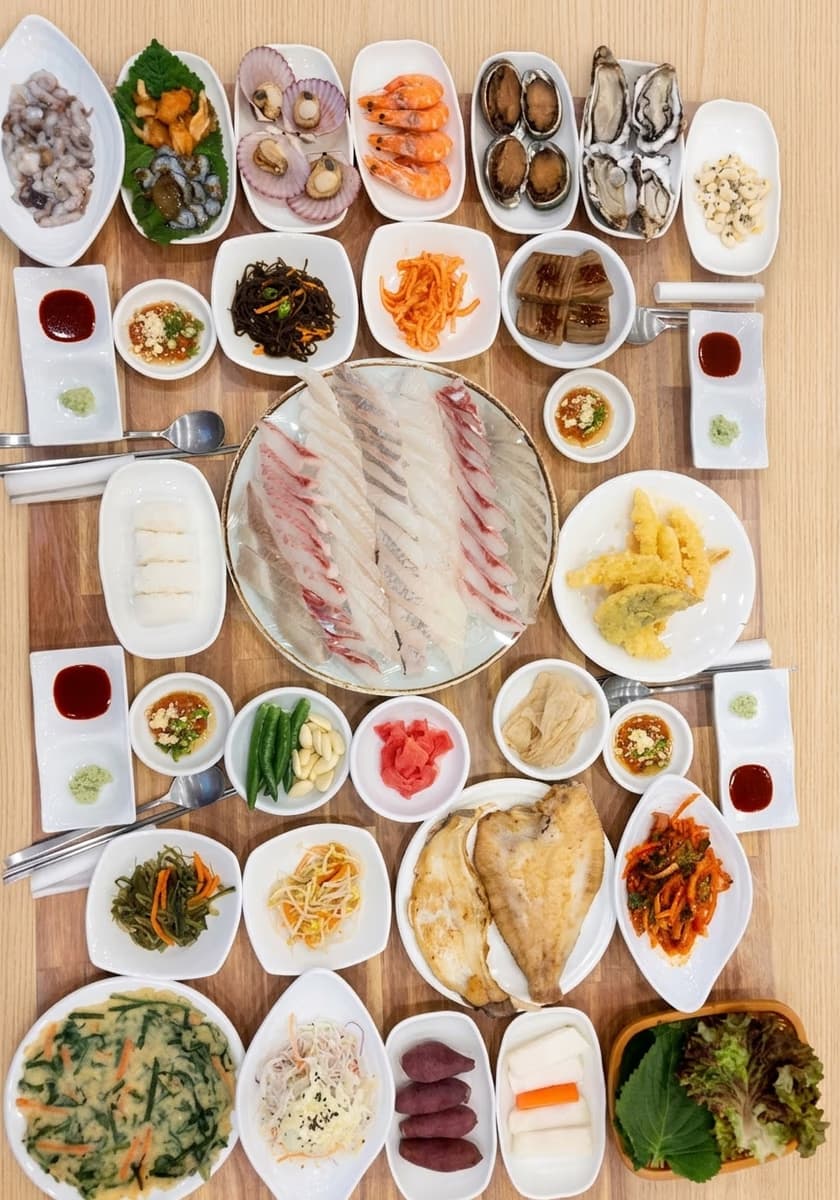 회 한상 차림 — 테이블에 차린 회 중심 한 끼