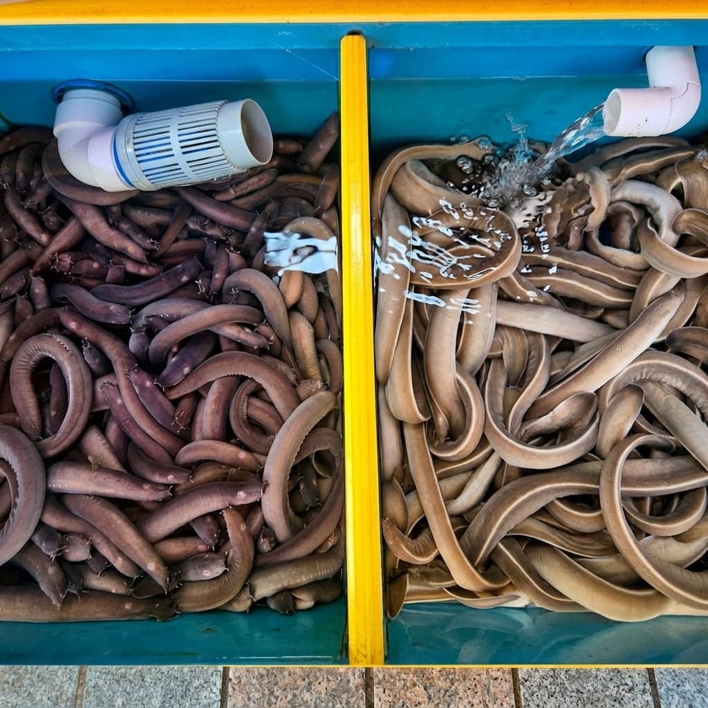 꼼장어 수조 — 구이·요리 전 신선한 꼼장어 준비 장면